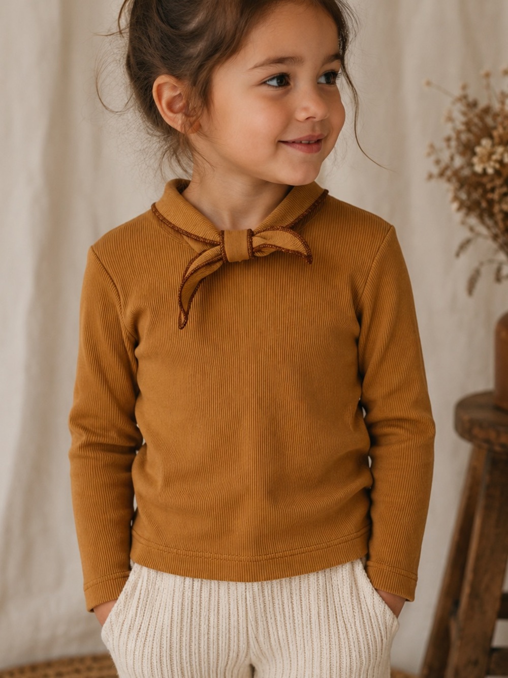 Misha & Puff Scout Top Organic Pima Cotton Mustard Ribbed Bow Neck 3-4Y
